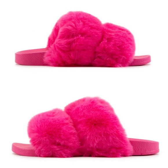 Fuchsia Furry Slides - Picture 2 of 2